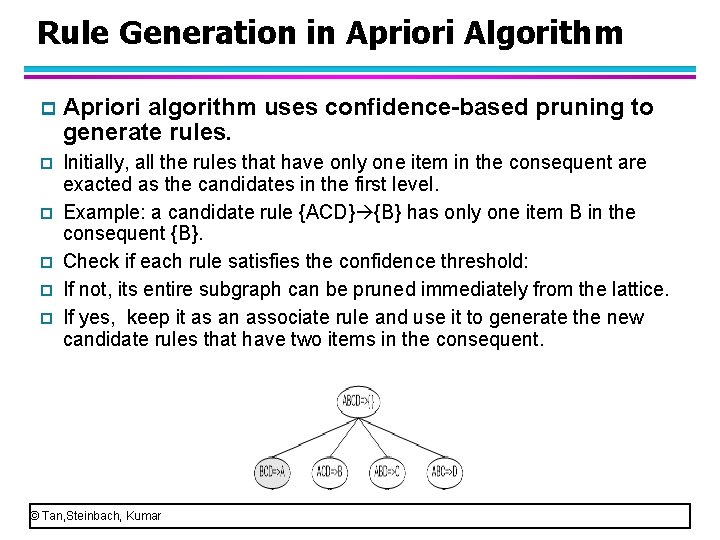 Rule Generation in Apriori Algorithm p Apriori algorithm uses confidence-based pruning to generate rules.