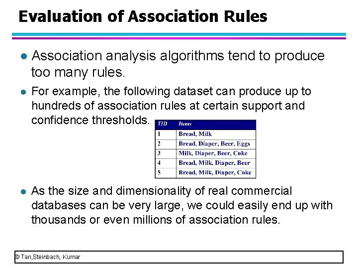 Evaluation of Association Rules l Association analysis algorithms tend to produce too many rules.