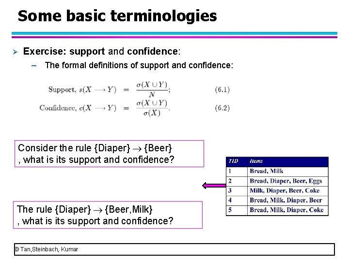 Some basic terminologies Ø Exercise: support and confidence: – The formal definitions of support