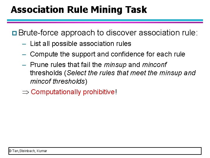 Association Rule Mining Task p Brute force approach to discover association rule: – List