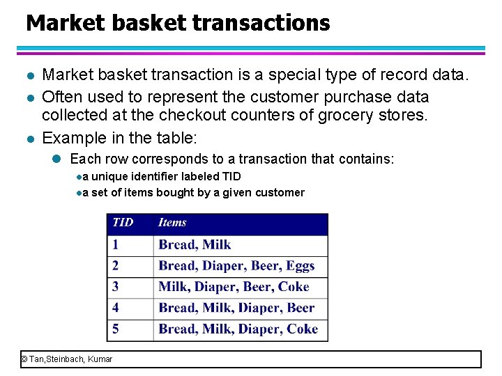 Market basket transactions l l l Market basket transaction is a special type of