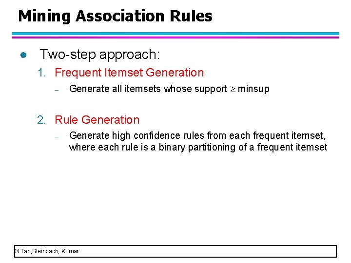 Mining Association Rules l Two step approach: 1. Frequent Itemset Generation – Generate all