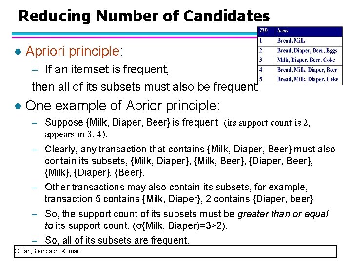 Reducing Number of Candidates l Apriori principle: – If an itemset is frequent, then