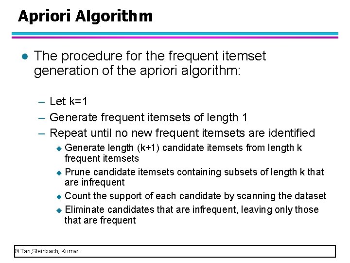 Apriori Algorithm l The procedure for the frequent itemset generation of the apriori algorithm: