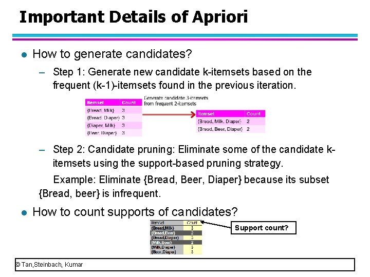Important Details of Apriori l How to generate candidates? – Step 1: Generate new