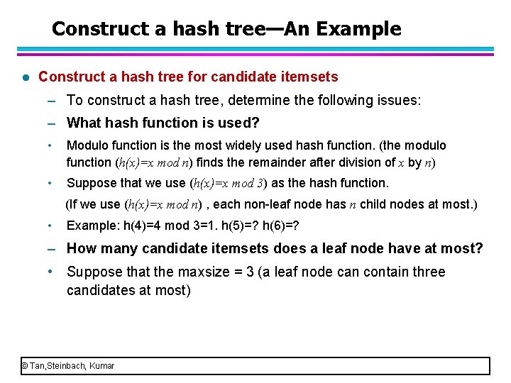 Construct a hash tree—An Example l Construct a hash tree for candidate itemsets –