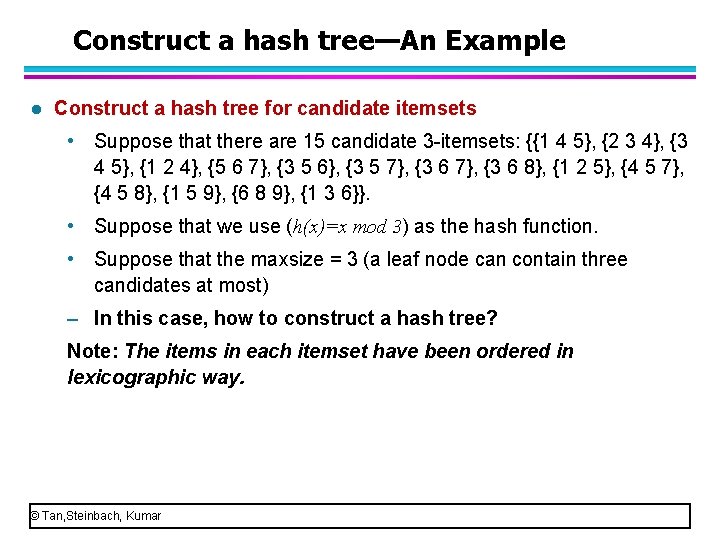 Construct a hash tree—An Example l Construct a hash tree for candidate itemsets •