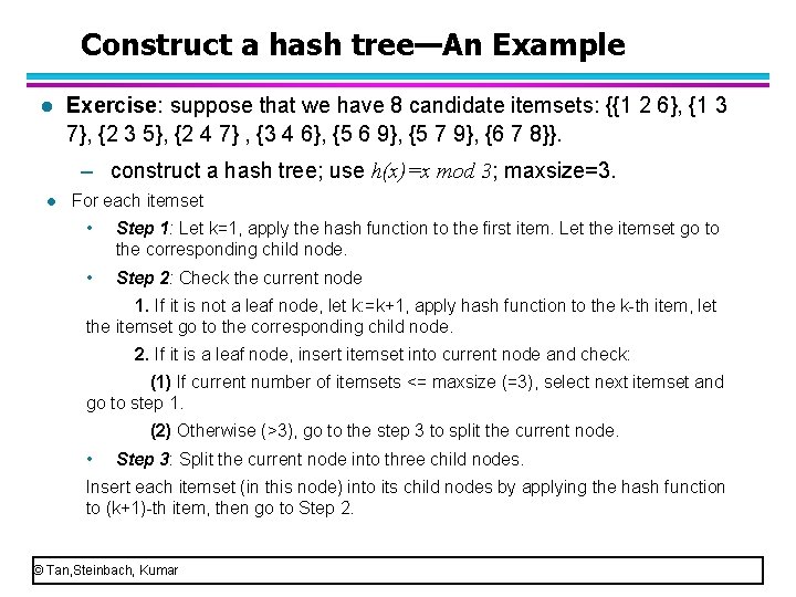 Construct a hash tree—An Example l Exercise: suppose that we have 8 candidate itemsets: