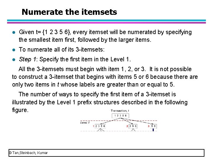 Numerate the itemsets l Given t= {1 2 3 5 6}, every itemset will