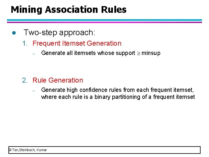 Mining Association Rules l Two step approach: 1. Frequent Itemset Generation – Generate all