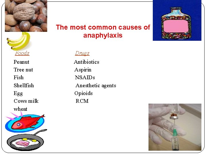 The most common causes of anaphylaxis Foods Drugs Peanut Tree nut Fish Shellfish Egg