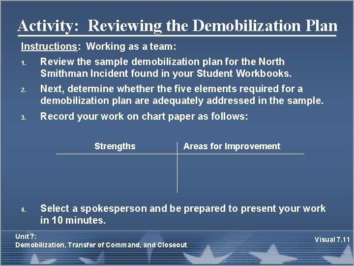 Activity: Reviewing the Demobilization Plan Instructions: Working as a team: 1. 2. 3. Review