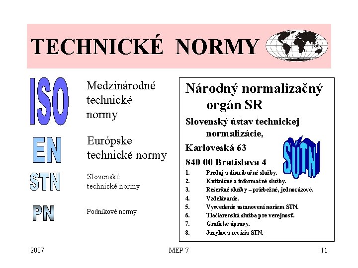 TECHNICKÉ NORMY Medzinárodné technické normy Európske technické normy Slovenské technické normy Podnikové normy 2007