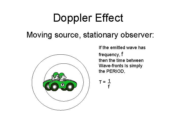 Doppler Effect Moving source, stationary observer: If the emitted wave has frequency, f then