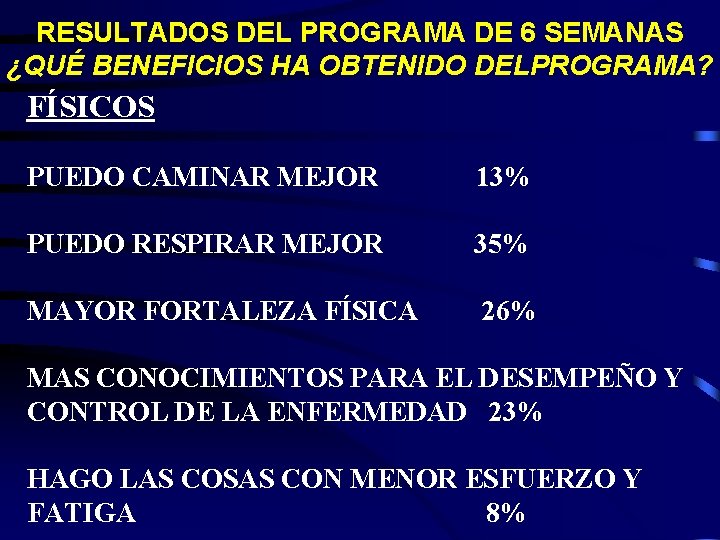 RESULTADOS DEL PROGRAMA DE 6 SEMANAS ¿QUÉ BENEFICIOS HA OBTENIDO DELPROGRAMA? FÍSICOS PUEDO CAMINAR