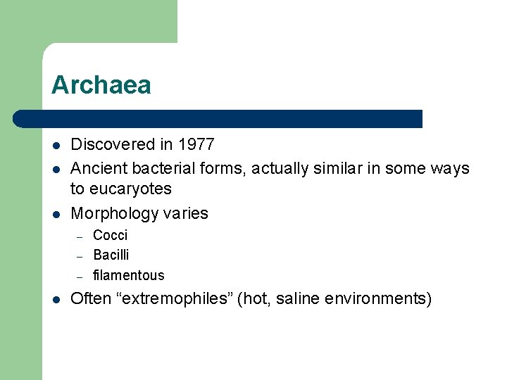 Archaea l l l Discovered in 1977 Ancient bacterial forms, actually similar in some