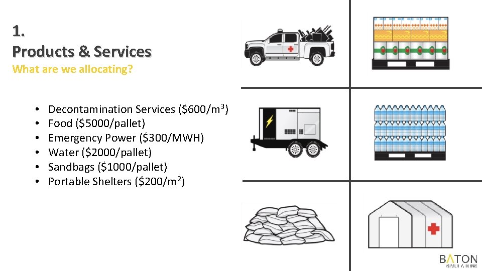 1. Products & Services What are we allocating? • • • Decontamination Services ($600/m