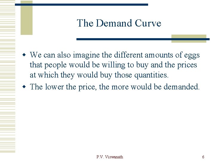 The Demand Curve w We can also imagine the different amounts of eggs that