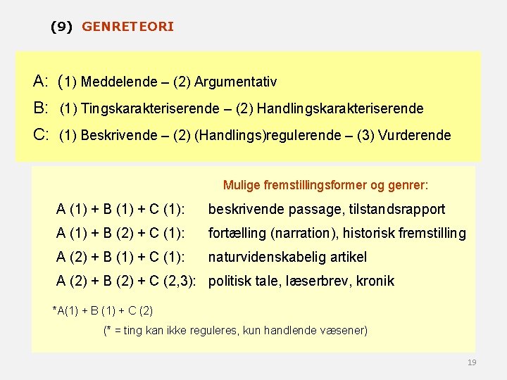 (9) GENRETEORI DEN SAGLITTERÆRE TEKST – opsummering A: (1) Meddelende – (2) Argumentativ B: