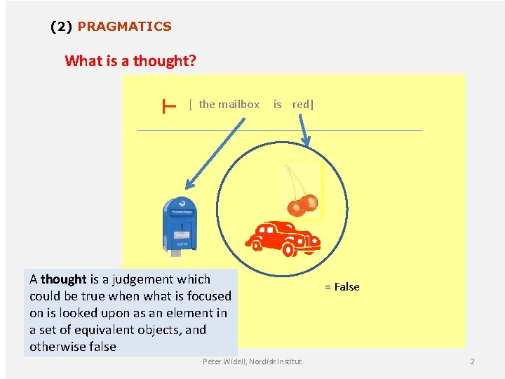 (2) PRAGMATICS What is a thought? ⊢ [ the mailbox is red] A thought