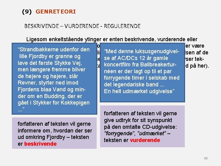 (9) GENRETEORI BESKRIVENDE – VURDERENDE - REGULERENDE Ligesom enkeltstående ytinger er enten beskrivende, vurderende