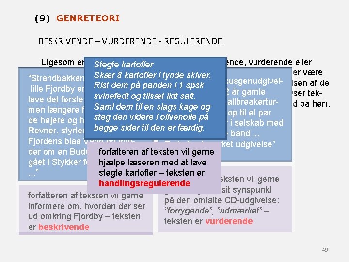 (9) GENRETEORI BESKRIVENDE – VURDERENDE - REGULERENDE Ligesom enkeltstående ytinger er enten beskrivende, vurderende