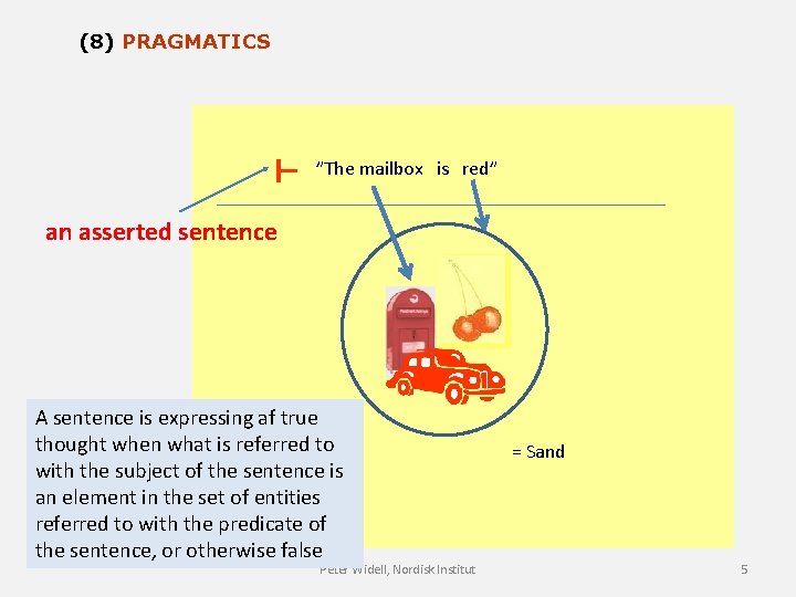 (8) PRAGMATICS ⊢ ”The mailbox is red” an asserted sentence A sentence is expressing