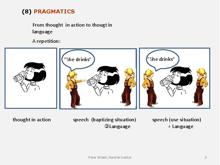 (8) PRAGMATICS From thought in action to thougt in language A repetition: ”She drinks”