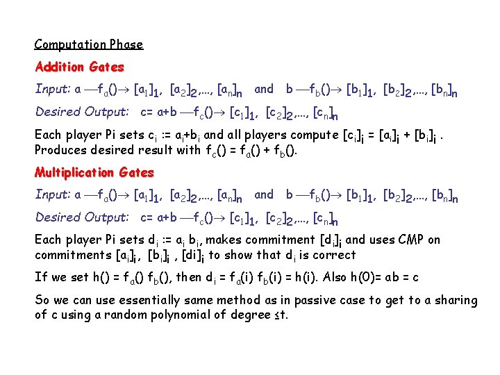 Computation Phase Addition Gates Input: a fa() [a 1]1, [a 2]2, …, [an]n and