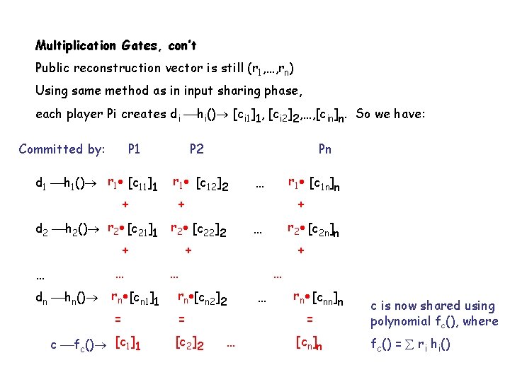 Multiplication Gates, con’t Public reconstruction vector is still (r 1, …, rn) Using same