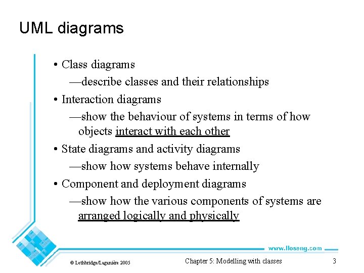 UML diagrams • Class diagrams —describe classes and their relationships • Interaction diagrams —show