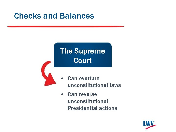 Checks and Balances The Supreme Court • Can overturn unconstitutional laws • Can reverse