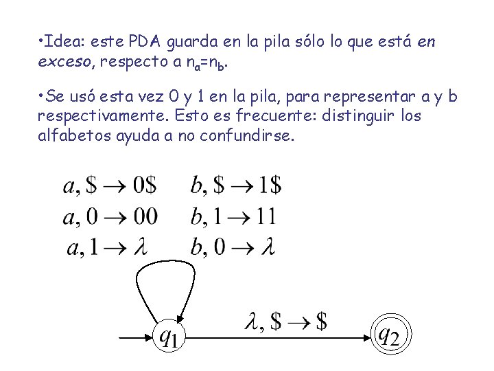  • Idea: este PDA guarda en la pila sólo lo que está en