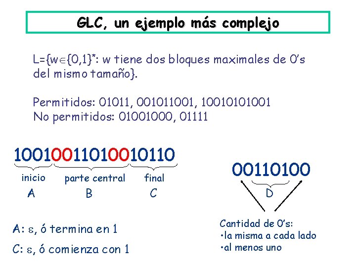 GLC, un ejemplo más complejo L={w {0, 1}*: w tiene dos bloques maximales de
