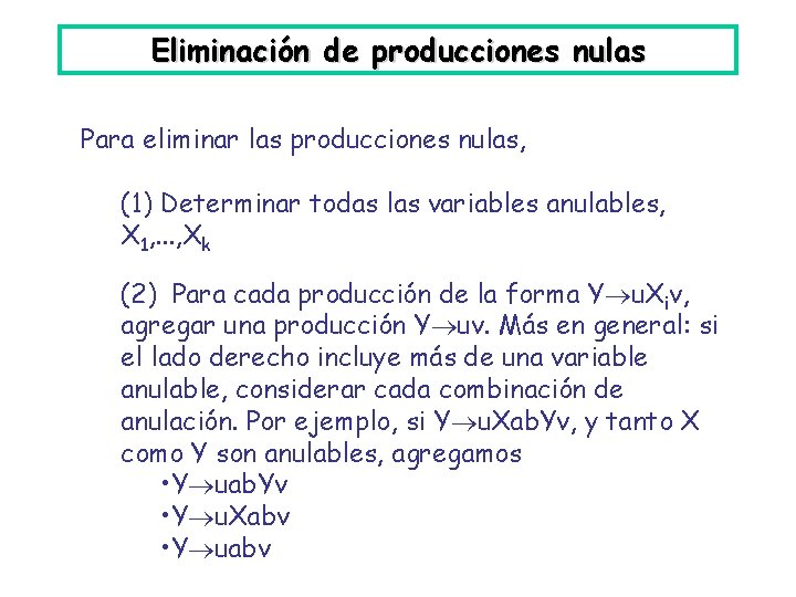 Eliminación de producciones nulas Para eliminar las producciones nulas, (1) Determinar todas las variables