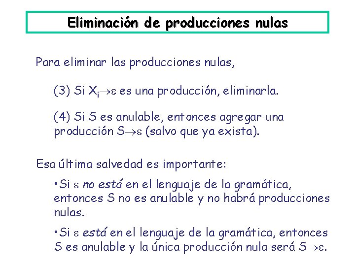 Eliminación de producciones nulas Para eliminar las producciones nulas, (3) Si Xi es una