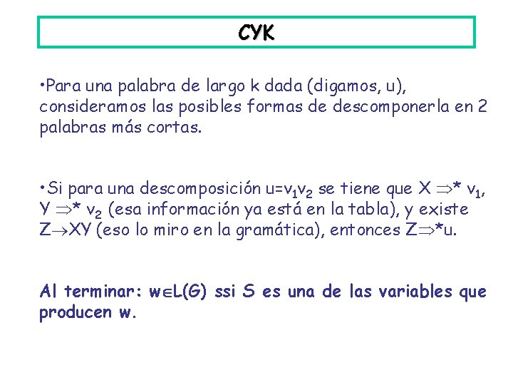 CYK • Para una palabra de largo k dada (digamos, u), consideramos las posibles