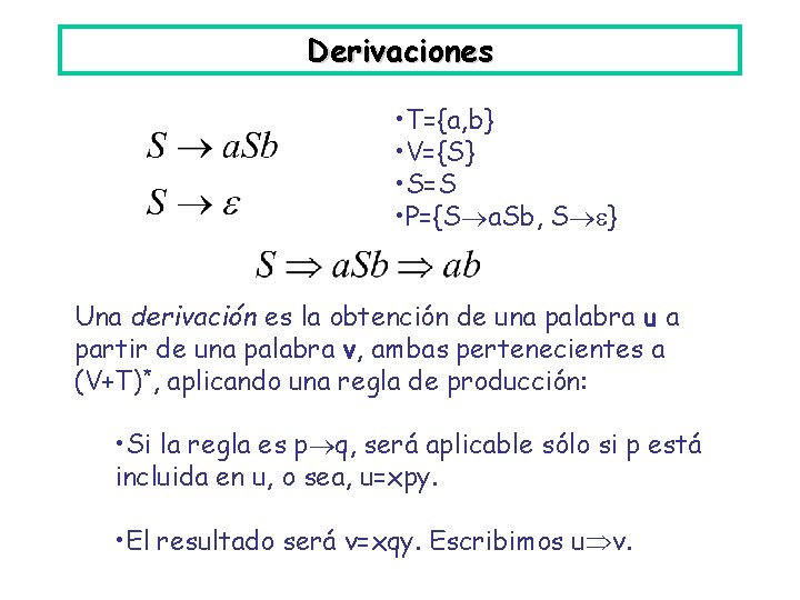 Derivaciones • T={a, b} • V={S} • S=S • P={S a. Sb, S }