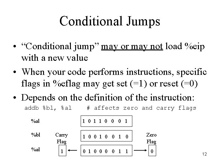 Conditional Jumps • “Conditional jump” may or may not load %eip with a new Conditional Jumps • “Conditional jump” may or may not load %eip with a new