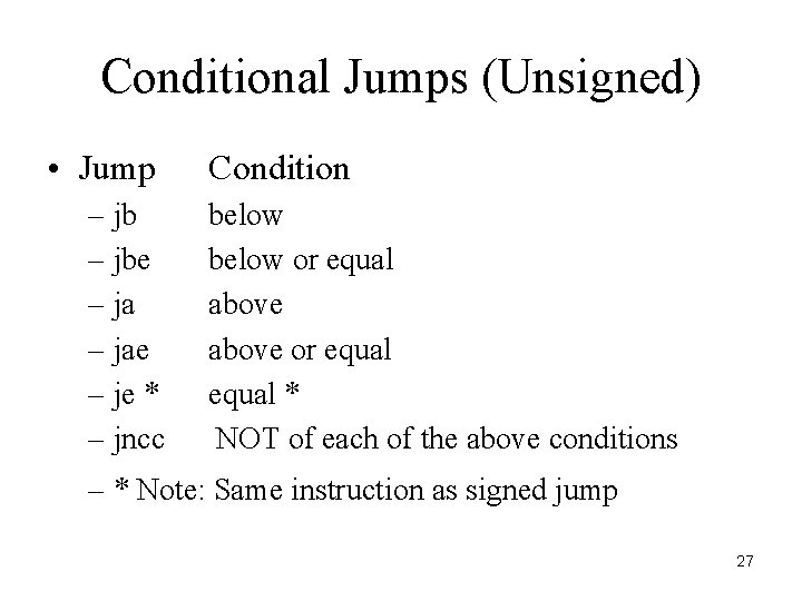 Conditional Jumps (Unsigned) • Jump – jbe – jae – je * – jncc Conditional Jumps (Unsigned) • Jump – jbe – jae – je * – jncc