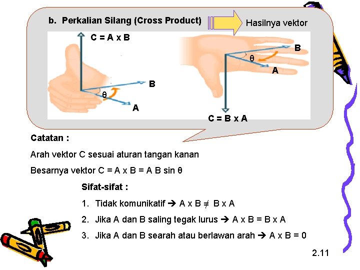 b. Perkalian Silang (Cross Product) Hasilnya vektor C=Ax. B B θ A C=Bx. A b. Perkalian Silang (Cross Product) Hasilnya vektor C=Ax. B B θ A C=Bx. A