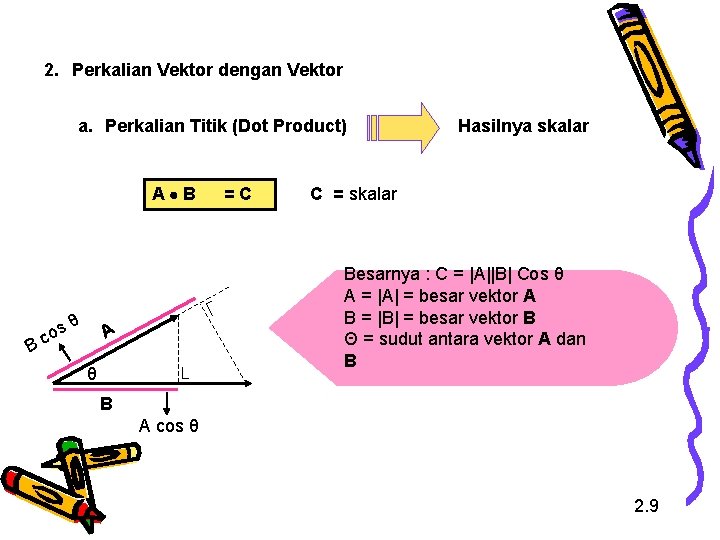 2. Perkalian Vektor dengan Vektor a. Perkalian Titik (Dot Product) A B B s 2. Perkalian Vektor dengan Vektor a. Perkalian Titik (Dot Product) A B B s