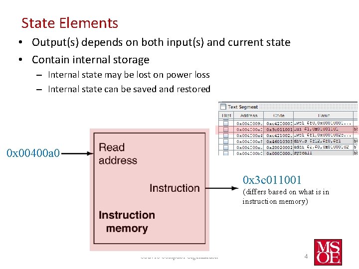 State Elements • Output(s) depends on both input(s) and current state • Contain internal