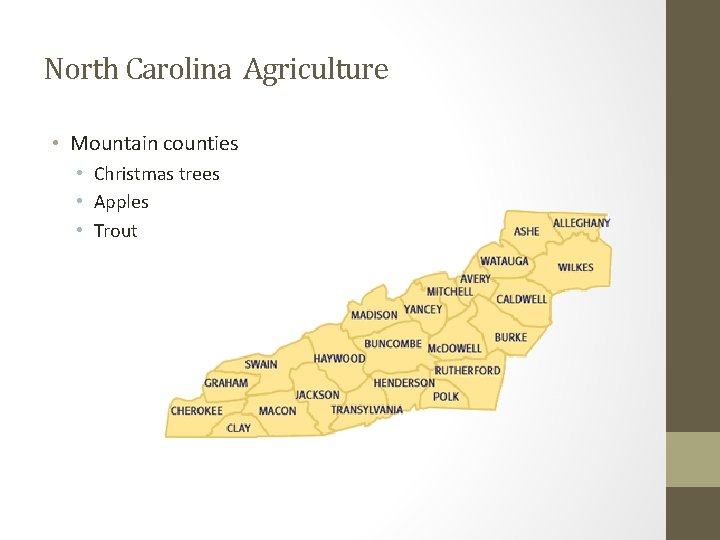 North Carolina Agriculture • Mountain counties • Christmas trees • Apples • Trout 