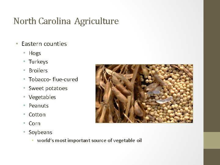 North Carolina Agriculture • Eastern counties • • • Hogs Turkeys Broilers Tobacco- flue-cured