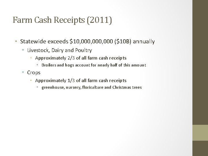 Farm Cash Receipts (2011) • Statewide exceeds $10, 000, 000 ($10 B) annually •