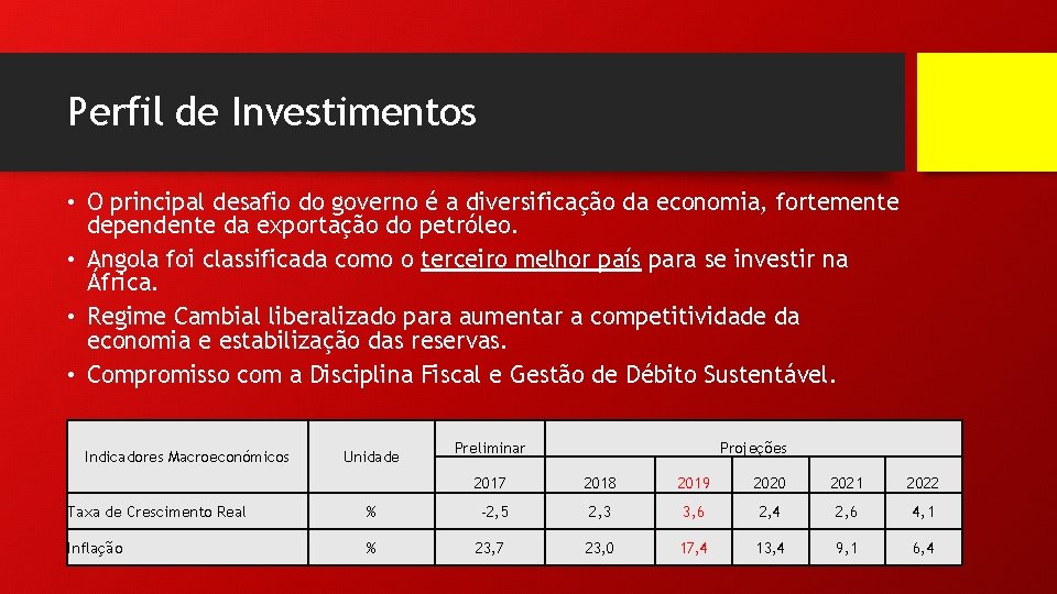 Perfil de Investimentos • O principal desafio do governo é a diversificação da economia,