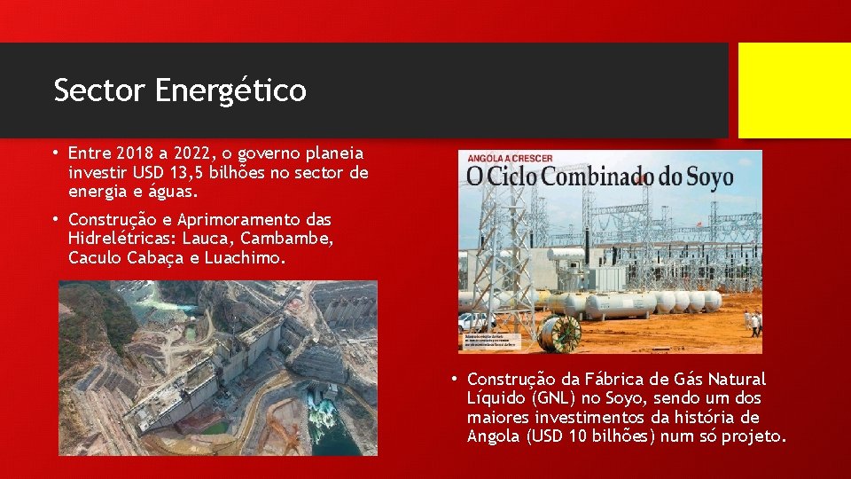 Sector Energético • Entre 2018 a 2022, o governo planeia investir USD 13, 5