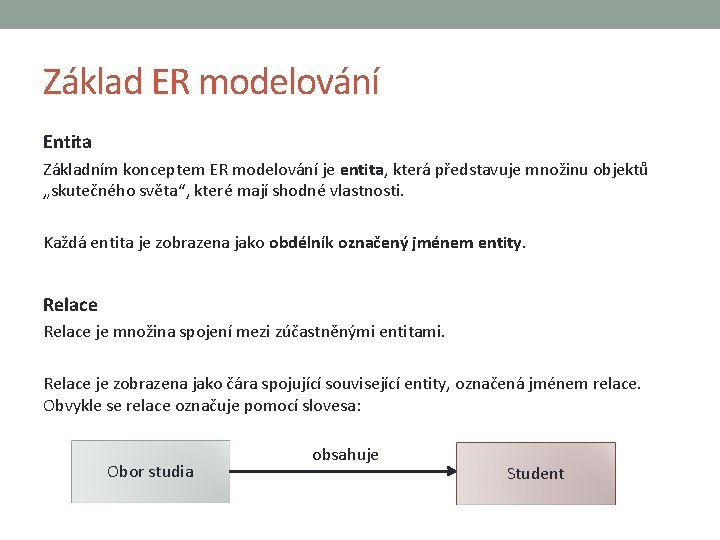 Základ ER modelování Entita Základním konceptem ER modelování je entita, která představuje množinu objektů