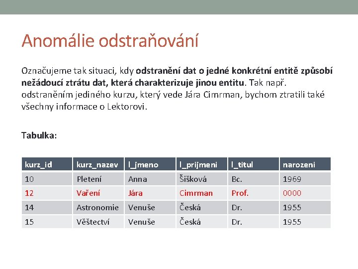 Anomálie odstraňování Označujeme tak situaci, kdy odstranění dat o jedné konkrétní entitě způsobí nežádoucí